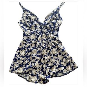 Rumor Boutique Blue and Cream Floral Deep V-Neck Romper
